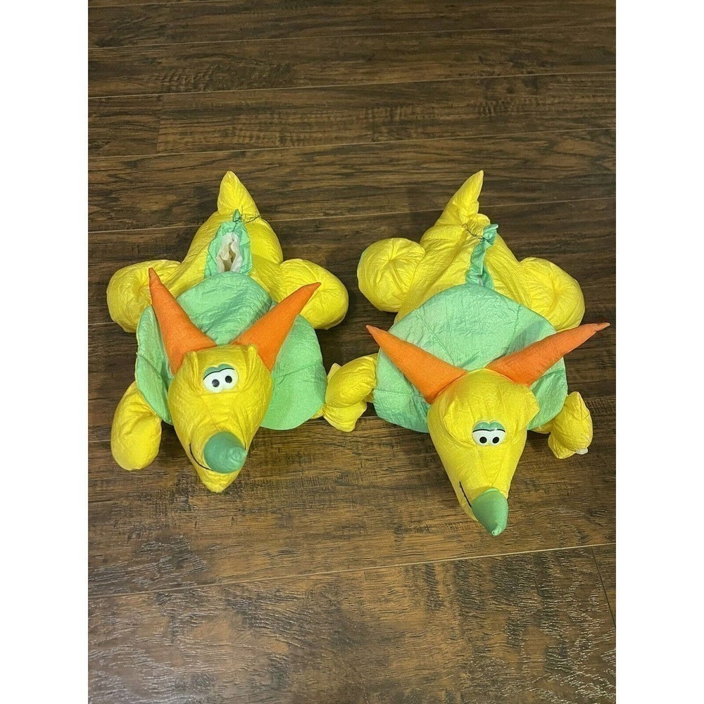 Vintage Dino Dudes Puffy Dinosaur Triceratops Yellow Slippers Sz:L